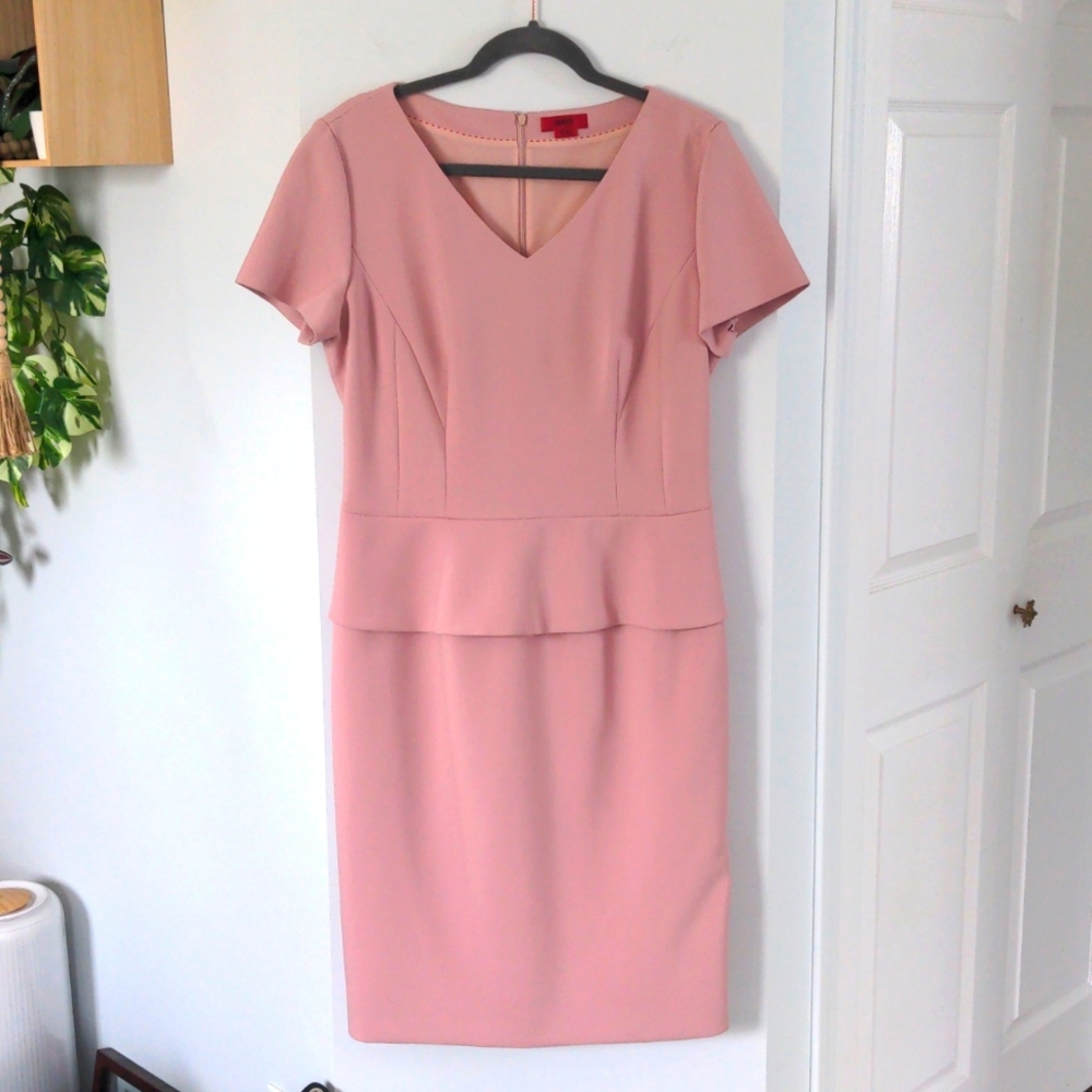Hugo Boss Pink dress, peplum skirt; snap button slit, office wear, wedding, S 10